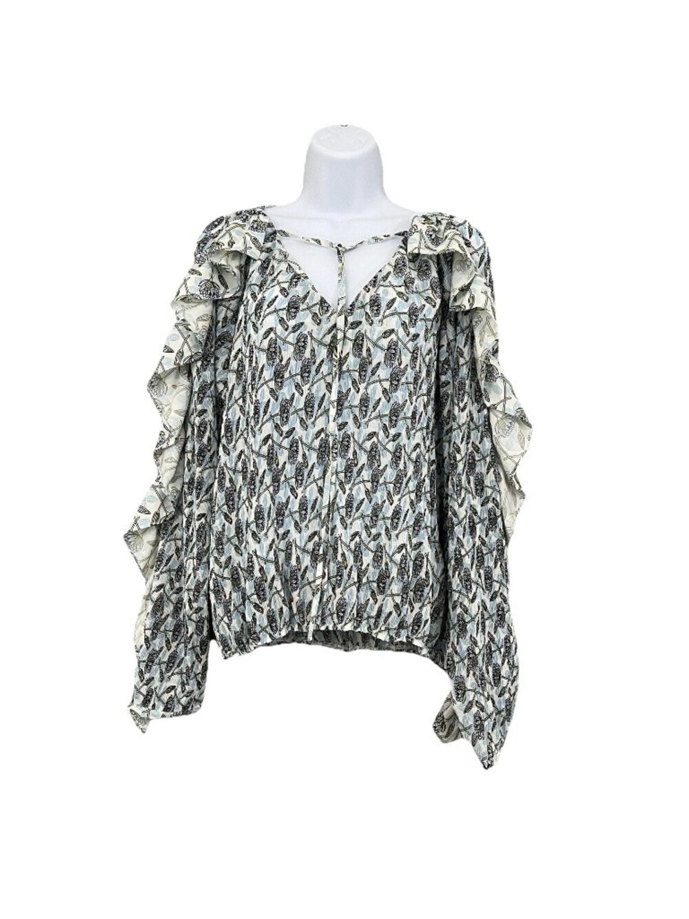 Foxiedox Blue Floral V Neck Tie Textured Ruffle Long Sleeve Blouse